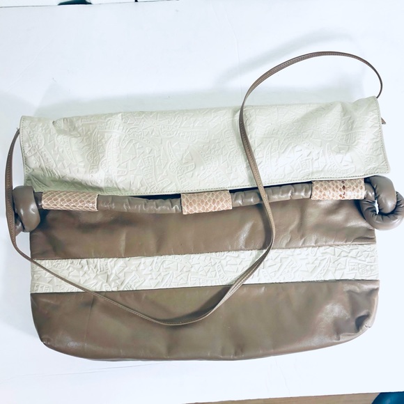 Vintage Unique Oversized Envelope Large Lined Flap Leather Bag Taupe Beige - Picture 1 of 9